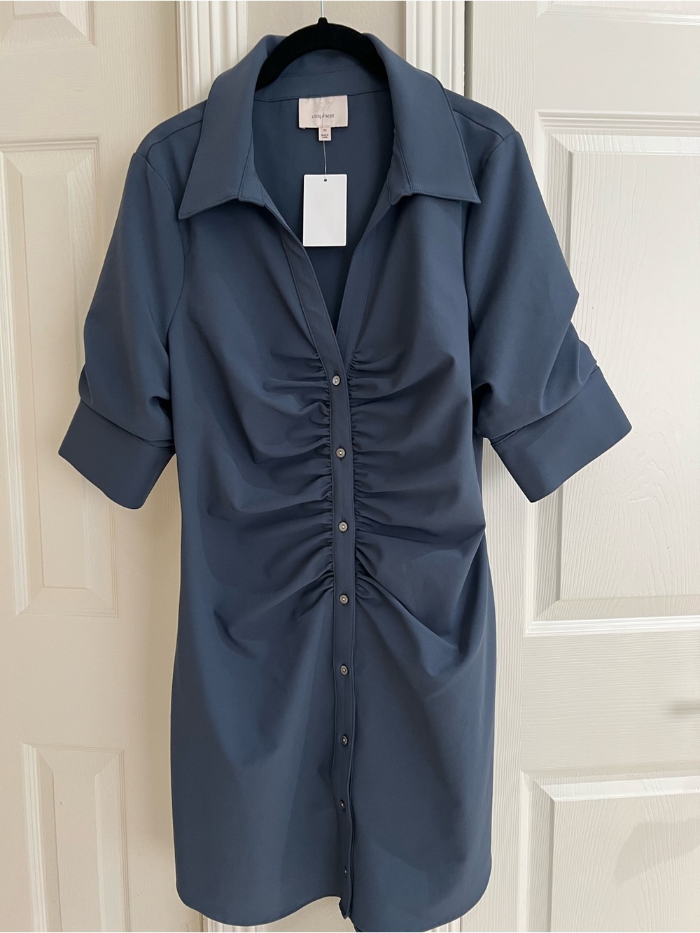 cinq a sept navy blue ruched button-down shirt dress